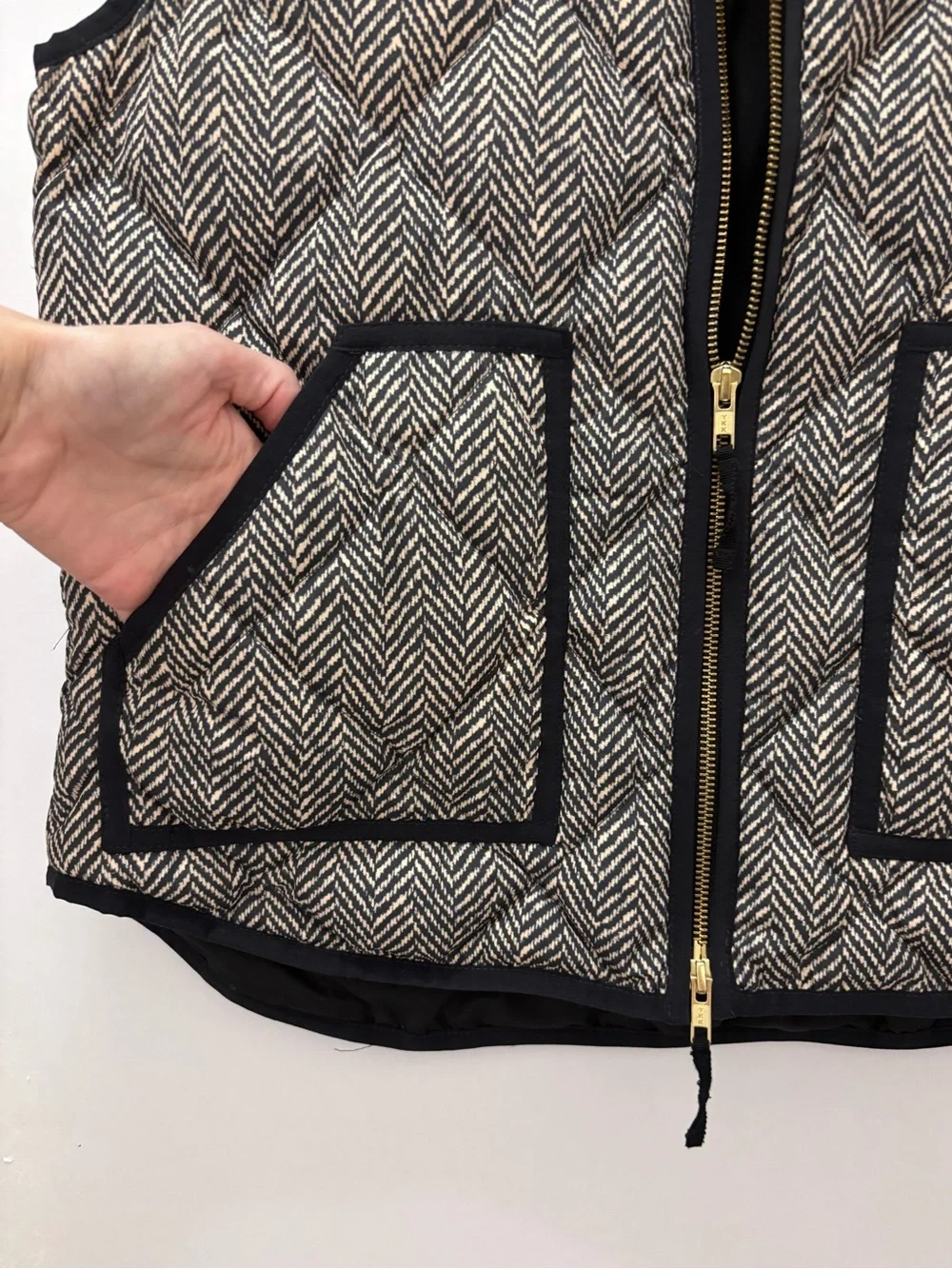 J Crew Herringbone Quilted Vest - Black & Light Tan